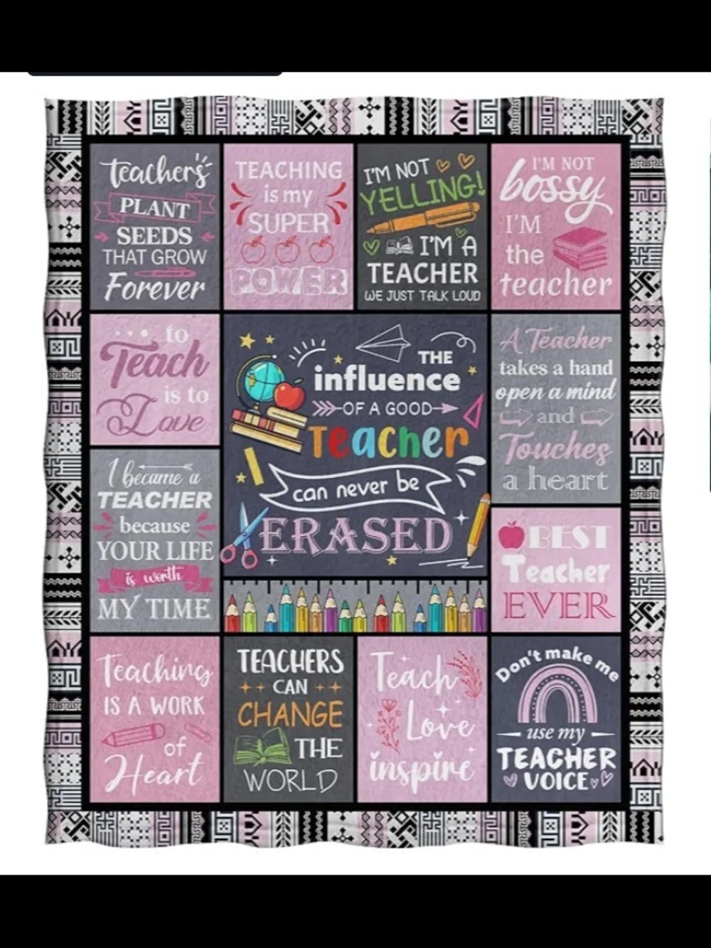 NWOT Teacher Inspirational Patchwork Throw - Pink & Black